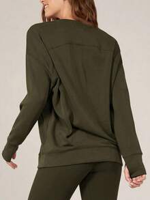 Damen Große Größen Einfarbiger V-Ausschnitt Langarm Sport- und Freizeitkapuzenpullover