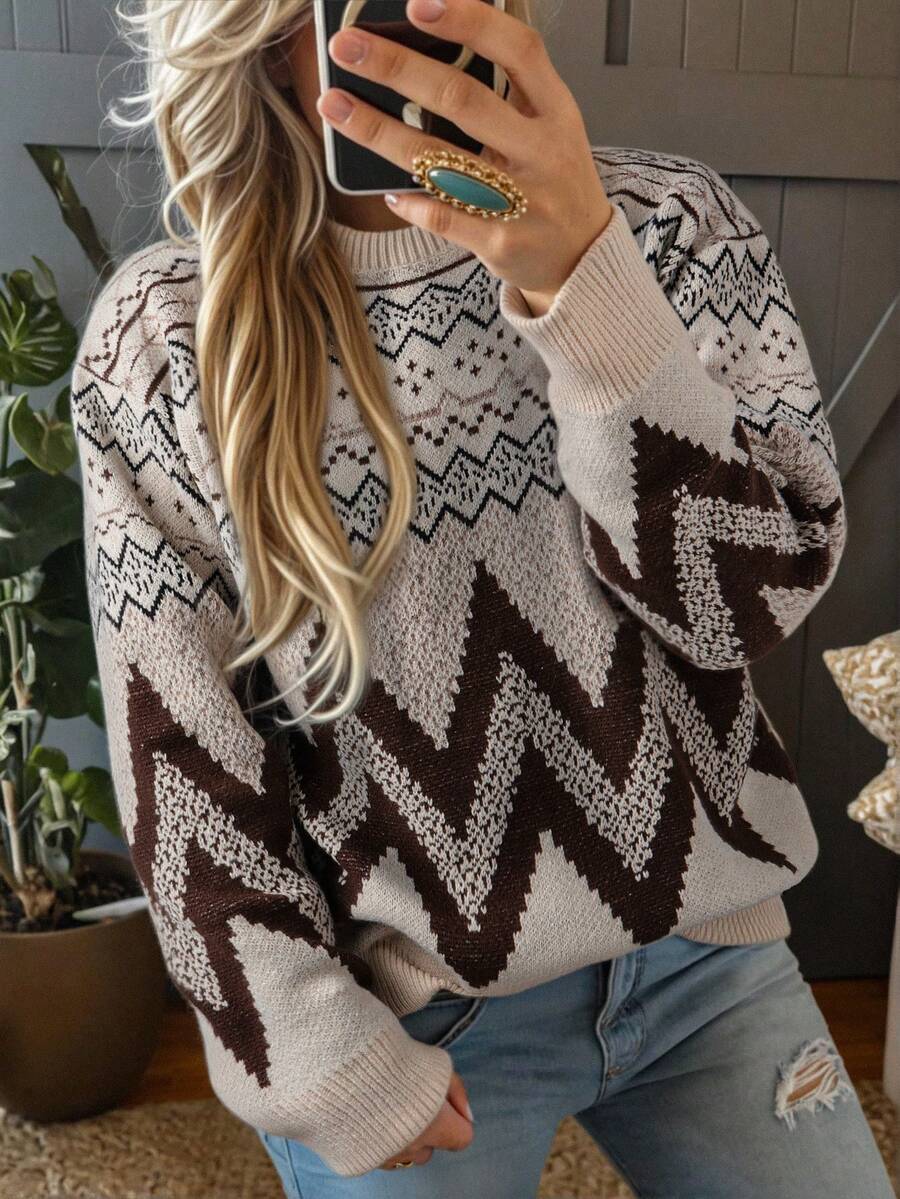 女式简约宽松圆领套头衫，几何费尔岛针织图案，适合春秋冬季 - 杏色 - 查看 1