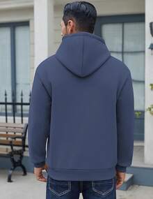 Men Cotton Fleece Hooded Sweatshirt Casual Long Sleeve Hoodies Pullover Fashion Drawstring Hoodie With Kanga Pocket - 藏蓝色 - 查看 6