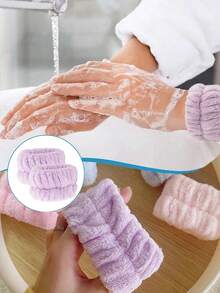 3PCS Solid Color Bath Headbands & 2PCS Wrist Bands - Creative Polyester Bath & Facial Makeup Set, Ideal For Home Bathroom Decor | Back To School, Fall, Christmas - Màu tím - Xem 2