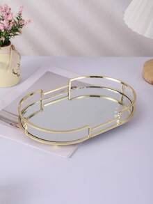 1pc Iron Oval Glass Mirror Tray, Elegant European Style Glass Storage Tray For Home, Living Room, Coffee Table, Luxury High-End Tableware Display,Room Decor - Multicolor - View 2