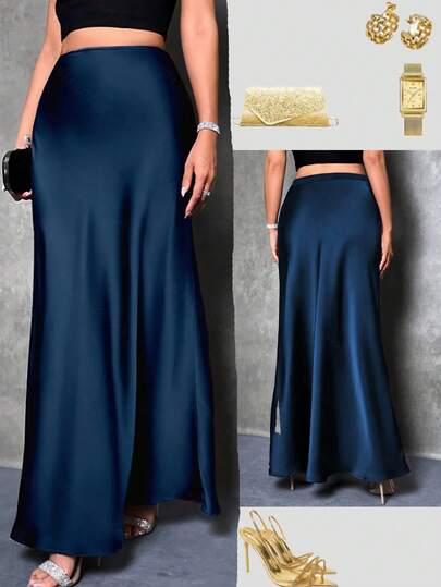 Plus Size Women Elegant Maxi Satin Skirt, Solid Color