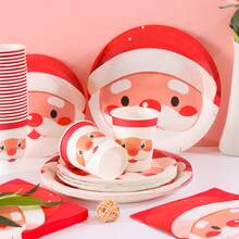 Weihnachtsthema Weihnachtsmann runde Gesichter Party Geschirr Set, Einwegplatten, Servietten, Becher, geeignet für 25 Gäste, Einmal-Pappteller Party Zubehör passend für Geburtstagsfeiern, Familienpicknicks