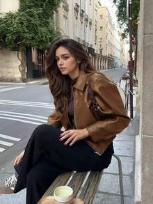 Manneqi 复古美式休闲时尚翻领拉链卡其棕色皮夹克女短款外套 - 卡其棕 - 查看 4