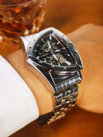 T-WINNER 1pc Fashion Triangle Skeleton Automatic Mechanical Watch For Men Luminous Hands Stainless Steel Strap Business Casual Sports Men Watches Gifts With Box