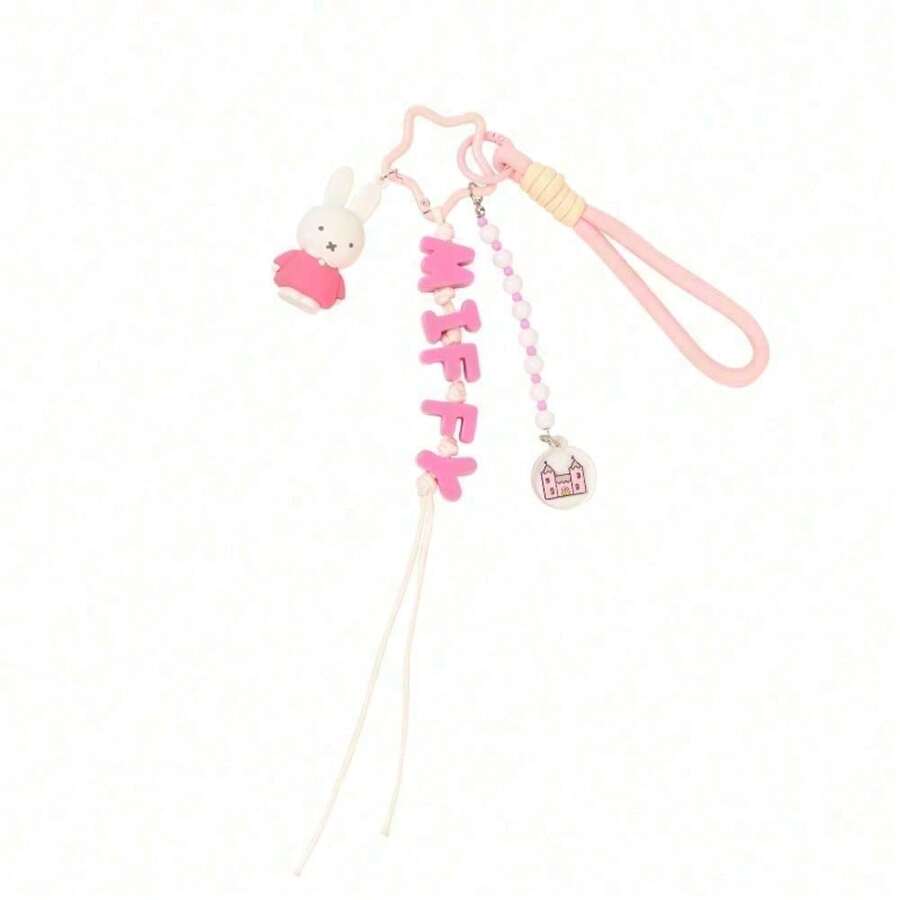 1pc Cute Miffy Charm Keychain, Adorable Cartoon Figure Hanging Ornament, Colorful Beaded Letter Decor With Miffy Figurines, Birthday Christmas Jewelry Gifts For Girls - Pink - View 1