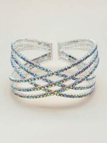 1pc G-S Exaggerated 6-Row Crystal Rhinestone Criss-Cross Bangle Stretch Wide Bracelet - Rhinestone Bracelet - View 11
