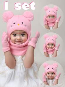 1 Set Balaclava+Gloves 1-5Y Cat Pom-Pom Black Balaclava Toddler Beanie Double Balls Baby Girls Boys Beanies Kids Winter Hats Children Knit Warm