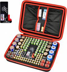 Caja de almacenamiento organizadora de batería para 48 pilas AA, 48 pilas AAA en total 96 con probador de batería, 2 bolsillos adicionales para otros accesorios - Más de 140 baterías - Ver 8