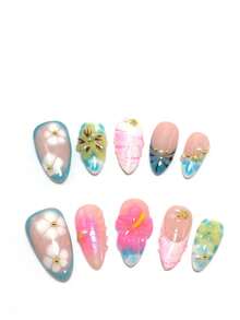 10 Pieces Of 2.5 Cm Almond-Shaped Press-On Nails, Handcrafted, Beach Essentials, Nail Patch, Press On Nails, Nails, Supplies, Summer Nails, Press On Acrylic Nails, Long Nails, Featuring Sun, Stars, Chrysanthemums, Swallows, Diamonds, Pearls, French Tips, Gradient, 3D Carved Designs, And Versatile, Punk Style, Perfect For Beach