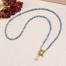 1 pieza Collar con colgante de estilo bohemio de piedra natural, apatita azul facetada de 3 mm, perla asimétrica falsa, hecho de materiales naturales, adecuado para el estilo de vacaciones y el uso casual diario, y como regalo para reuniones con amigos