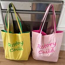 Woman Canvas Bag, Embroidery Letters Double Side Large Capacity Shoulder Bag Handbag For Casual Daily - Yellow - View 7