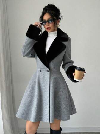 女士优雅撞色仿毛皮翻领收腰羊毛混纺大衣，适合学院风女生，优雅灰色中长款外套，仿毛皮领口和袖口，双排扣设计，常规袖长，喇叭下摆，梭织面料，无弹力