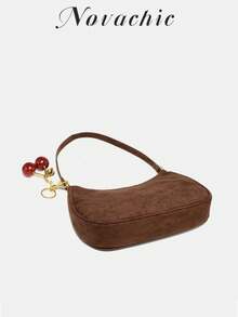 1 件 Novachic 柔软绒面短毛绒咖啡棕色可爱樱桃装饰简约单肩包，拉链开合，复古风格，腋下包，适合各种场合，秋冬 - 咖啡 - 查看 4