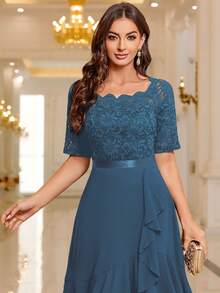 MIUSOL Boat Neck Floral Lace Paneled Ruffle Hem Cocktail Party Swing Dress - Dusty Blue - View 8