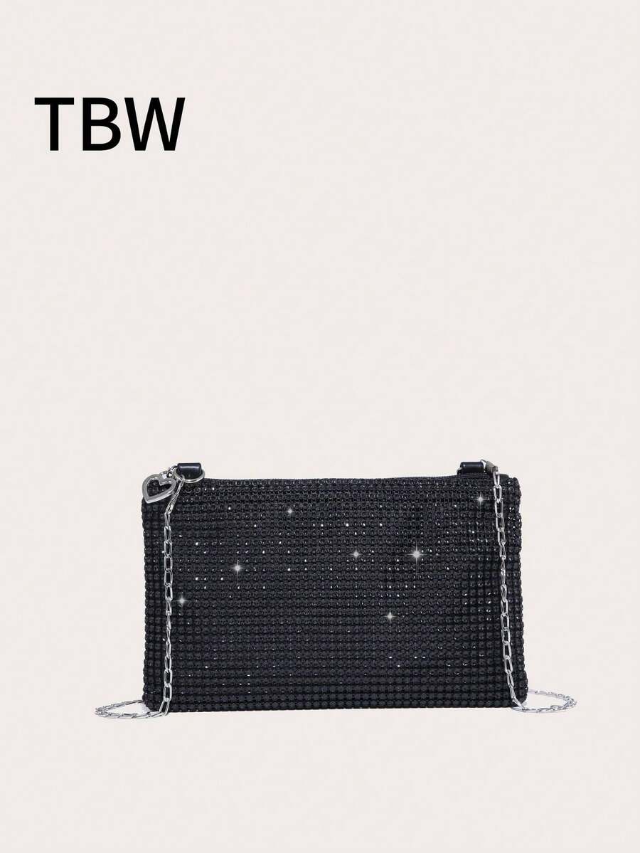 Ladies' Crossbody Square Bag With Sequins And Faux Diamonds, Metal Chain, Lightweight And Stylish, Suitable For Going Out. - Black - View 1