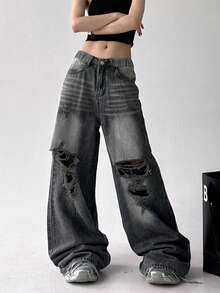 Jeans rectos con efecto desgastado para adolescentes, pantalones vaqueros de pierna ancha con ajuste holgado, estilo callejero americano