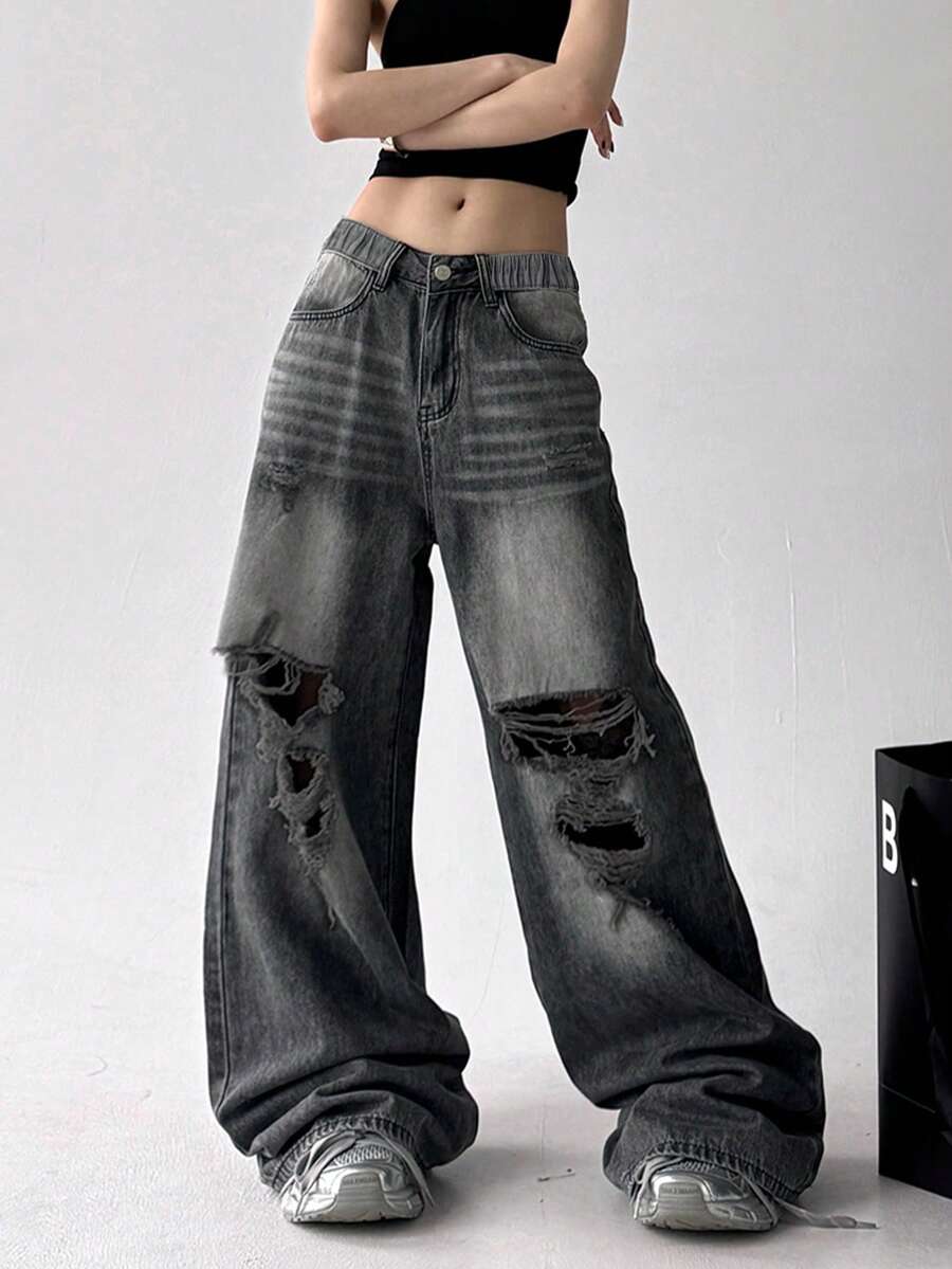 Jeans rectos con efecto desgastado para adolescentes, pantalones vaqueros de pierna ancha con ajuste holgado, estilo callejero americano