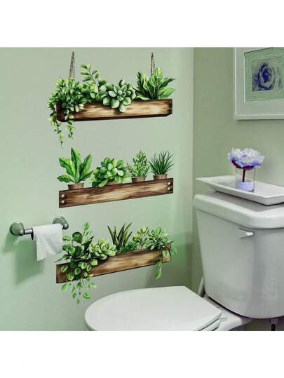 Pegatina de pared autoadhesiva con estante de planta realista en maceta para decoración de fondo de pared de dormitorio, baño, sala de estar y hogar