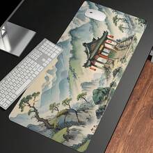 1pc Chinese Landscape Large Gaming Mouse Pad, Non-Slip Rubber Base, Stitched Edges, Extended Keyboard Mat, Ultra Smooth Surface, High-Definition Green Mountain Scenery Print, Desk Pad For Home & Office