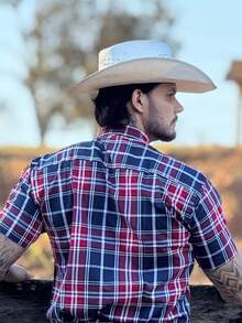 Ultra Jeans Cowboy Country Land Plaid Short Sleeve Shirt - 紅色和黑色 - 查看 2