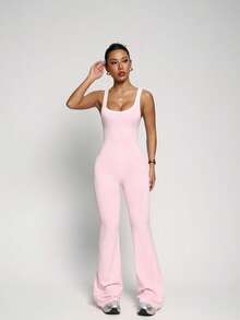 Midriff-Revealing Design, Elongates Leg Lines, Sexy Sportswear, Showcases Confident Charm, Backless Sports Jumpsuit, Cinched Waist Flare Pants Bodysuit, Butt-Lifting Activewear, Waist-Cinched Butt-Lifting Yoga Shapewear Jumpsuit - Pink - View 7
