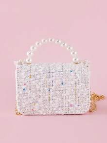 1pc Children's Pearl Flower Letter Alloy Sticker Decor Beaded Lace PU Felt Material Flap Closure Metal Chain Cute Beaded Handbag, Girls Sweet Princess Crossbody Bag, Snack & Coin Purse, Suitable For Christmas And Daily Use