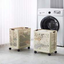 1/2pc Ultra Large Capacity Foldable Cream Colored Roller Laundry Basket - Storage Artifact, Space Saving - Suitable For Multiple Scenarios Such As Bathrooms, Laundry Rooms, And Balconies