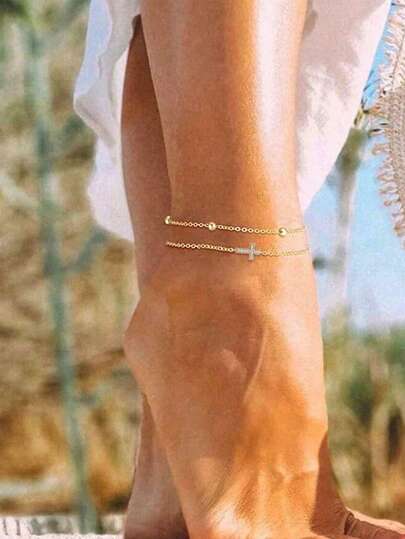 Tkool 2 件复古铜球链十字架脚链套装，十字架吊坠脚链首饰，适合女士（珠子数量随机）