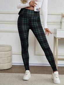 Customized Elegant Warm Leggings, High Waist Stretchy Fashion Slim Fit Base Layer Pants For Women, Winter - Dark Green - View 4