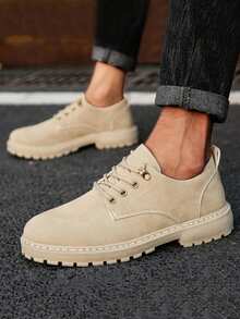 Men's Formal Shoes, New Fashion Slip-On Lace-Up Leather Shoes, Black, Suitable For All Seasons, Casual & Business Wear, Retro British Style, Comfortable Thick-Sole Leather Shoes - Khaki - View 1