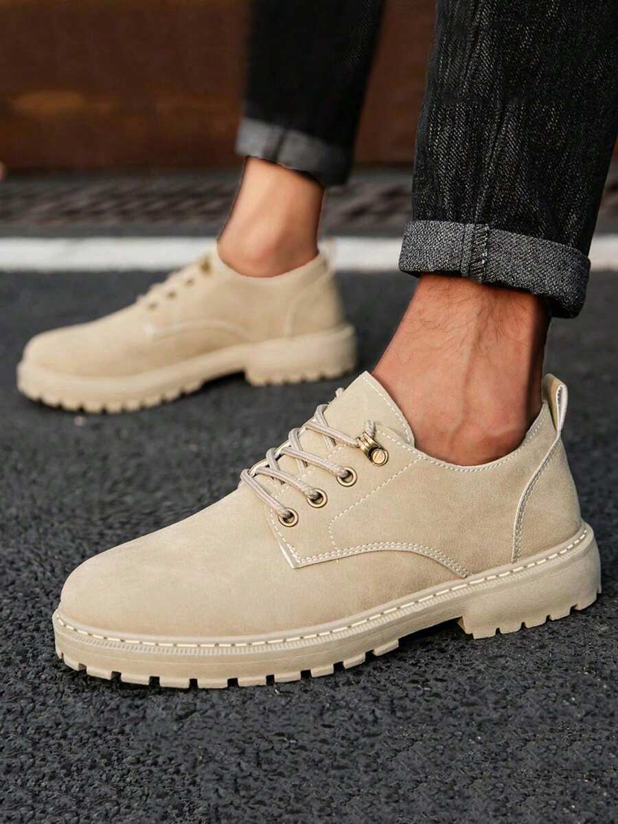 Men's Formal Shoes, New Fashion Slip-On Lace-Up Leather Shoes, Black, Suitable For All Seasons, Casual & Business Wear, Retro British Style, Comfortable Thick-Sole Leather Shoes - Khaki - View 1