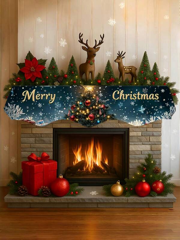1pc Extra Long Christmas Fireplace Scarf - Large Size 78.7x19.6 Inch Fireplace Scarf With Christmas Text, Snowflakes, And Stars - Polyester Holiday Decoration, Suitable For Living Rooms, Kitchens, And Fireplaces - Easy To Hang Fireplace Decoration Home Decor Christmas Decorations Room Decor