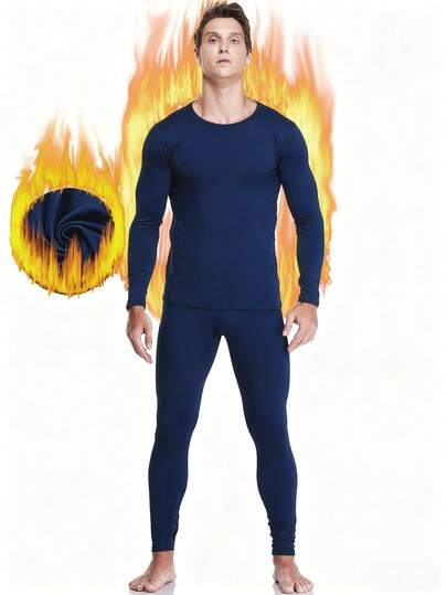 Men's Navy Blue Fleece Crew Neck Thermal Underwear Set Winter Pajama Set For Cold Weather Outdoor Cold Insulation Warm Base Indoor Comfortable Pajamas Autumn And Winter Gifts