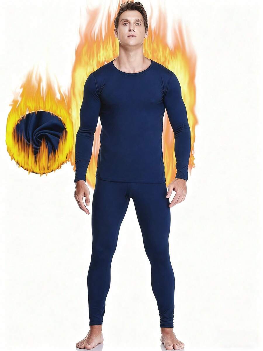 男士藏青色羊毛圆领保暖内衣套装冬季睡衣套装寒冷天气户外防寒保暖打底室内舒适睡衣秋冬礼物 - 藏蓝色 - 查看 1