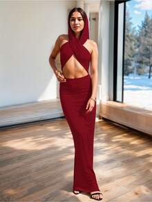 Vestido Ajustado tipo Halter con Escote Cruzado y Capucha para Mujer - Rojo violeta - Ver 3