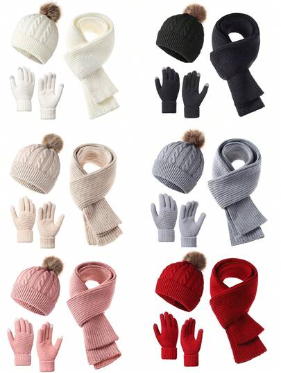 3-Piece Set Of Simple Solid Color Thermal Lined Twisted Ball Knitted Hat Scarf Set For Women (Including Gloves), Warm And Comfortable, Suitable For Autumn And Winter Leisure Outdoor Use, Christmas Winter Accessories Winter Clothing, Suitable For Outdoor Cycling Warm Three-Piece Set For Women, Solid Color Winter Warm Valentines Gift