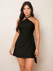 Women's Short Halter Dress, Elegant, Wrapped, Party, Club, Summer - màu đen - Xem 1