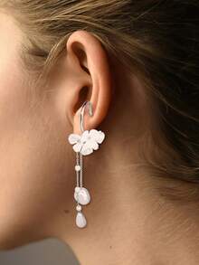 1 Pair Tassel Chain Faux Pearl Flower Dangle Swing Earrings For Women - Silver - View 1