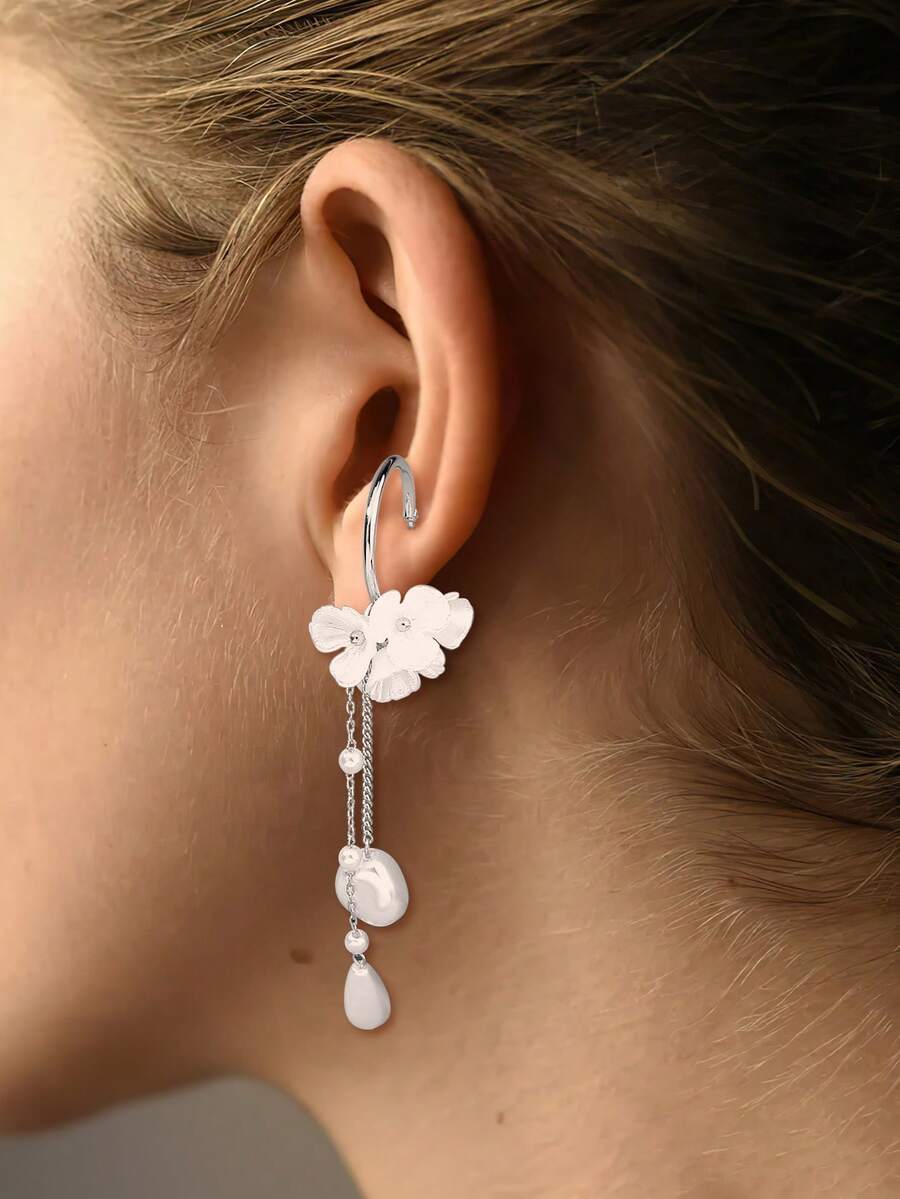1 Pair Tassel Chain Faux Pearl Flower Dangle Swing Earrings For Women - Silver - View 1