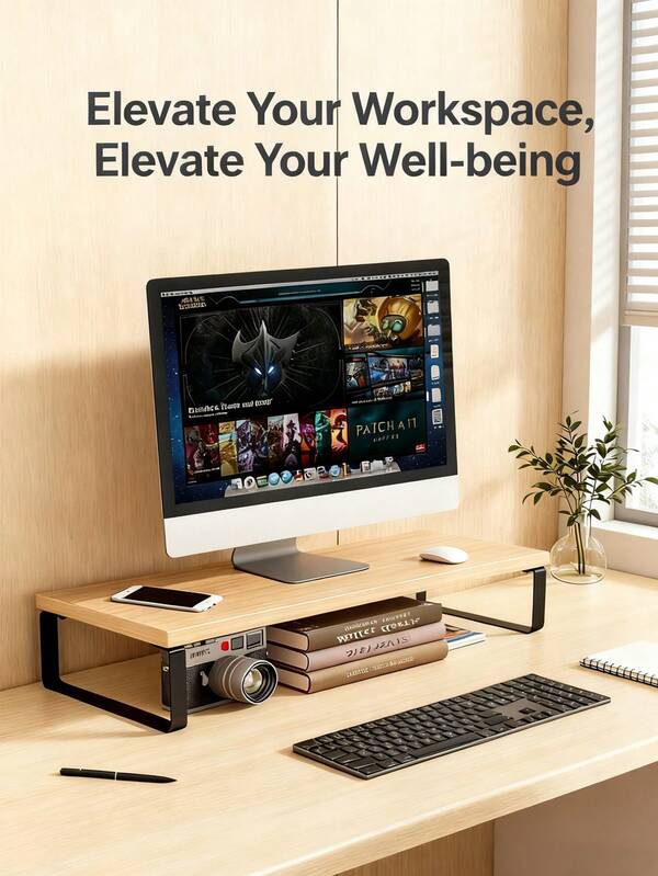 1pc Ergonomic Wood Monitor Riser: Prevent Neck Pain & Improve Posture