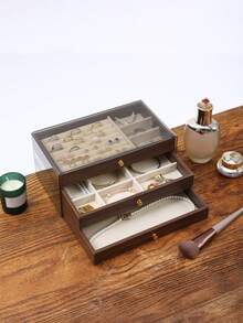 三层首饰盒，木质首饰收纳盒，亚克力首饰整理盒，复古风格首饰盒，抽屉式首饰盒，化妆品收纳盒，首饰展示整理盒，可展示戒指、耳环、项链、手镯，母亲节礼物，伴娘礼物，生日礼物，送给朋友和老师的礼物，女士理想礼物