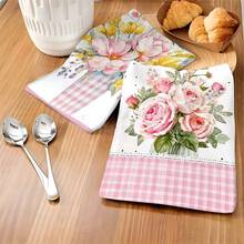 1set/2pcs/100pcs Flower And Pink Checkered Pattern Kitchen Towels And Dishcloths Are Suitable For Interior Decoration In Restaurants, Kitchens And Bathrooms, Party Decoration, Festival Gifts, And Can Also Be Given As Presents - Multicolor - View 4
