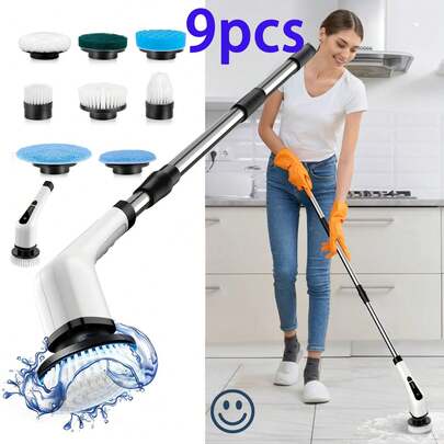 9PCS  Electric Spin Scrubber, Cordless Cleaning Brush, Washing Machine With 9 Replaceable Brush Heads, Cordless Electric Bathroom Washing Machine With Adjustable Long Handle, Rechargeable Shower Washing Machine, Multifunctional Washing Machine For Bathroom, Kitchen, Bathtub, Tile, Shower, Car, Cleaning Supplies