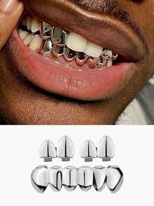 1 Set Of 2 Smooth Top & 6 Teeth Dual-Tone Metal Hip Hop Teeth Grillz, Unisex Party & Daily Decoration