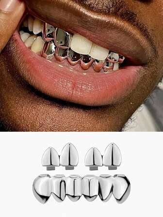 1 Set Of 2 Smooth Top & 6 Teeth Dual-Tone Metal Hip Hop Teeth Grillz, Unisex Party & Daily Decoration