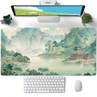 1pc Chinese Landscape Large Gaming Mouse Pad, Non-Slip Rubber Base, Stitched Edges, Extended Keyboard Mat, Ultra Smooth Surface, High-Definition Green Mountain Scenery Print, Desk Pad For Home & Office