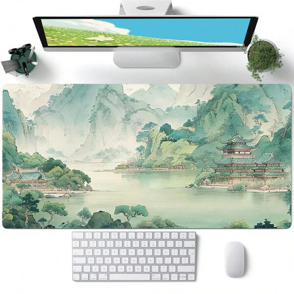 1pc Chinese Landscape Large Gaming Mouse Pad, Non-Slip Rubber Base, Stitched Edges, Extended Keyboard Mat, Ultra Smooth Surface, High-Definition Green Mountain Scenery Print, Desk Pad For Home & Office