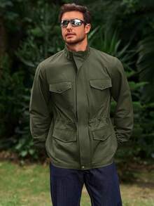 Mens Military Jacket Full Zip And Button  Field Jacket Multi Pocket Cargo Outdoor Coathalloween - Army Green - View 11