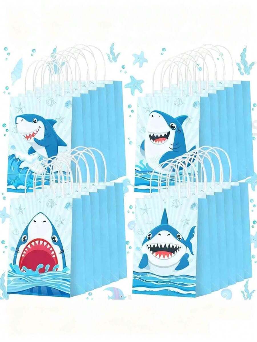 6 piezas/12 piezas Bolsas de regalo de fiesta de tiburón, bolsas de regalo de fiesta de cumpleaños de tiburón azul con asas retorcidas, suministros para fiesta de tiburón, decoraciones de baby shower de océano de verano